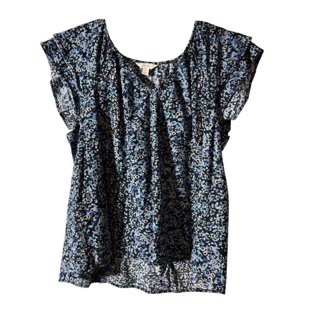 Terra & Sky Size 0X (14W) Flutter Sleeves Black Blue Ditsy Floral Casual Top